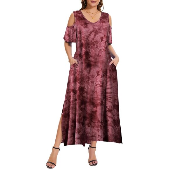 Plus Size Summer Dress Women V-Neck Short Sleeve Pockets Beach Maxi - Picture 1 of 6